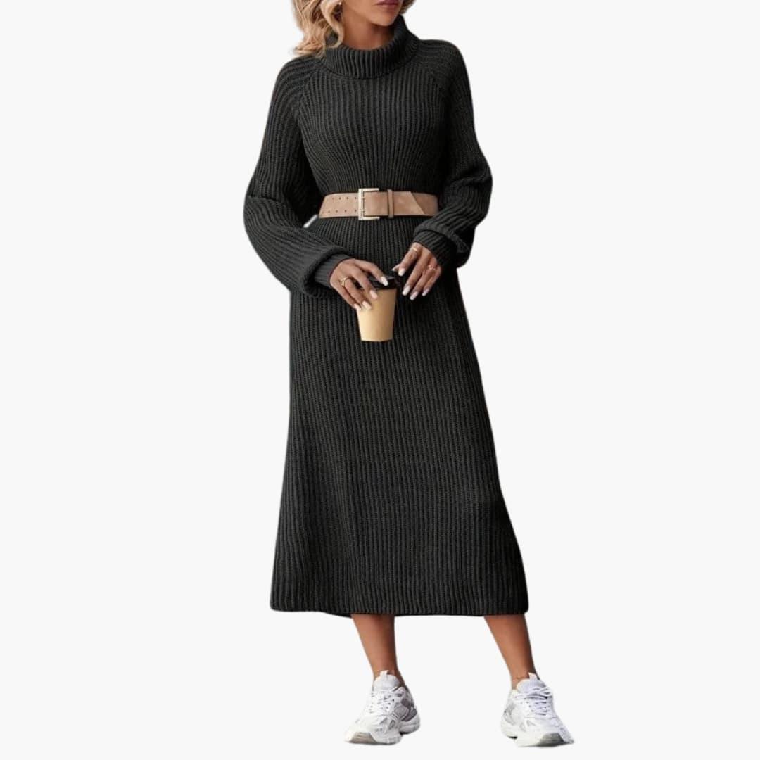 Women's Midi Dress with Turtleneck and Side Slits