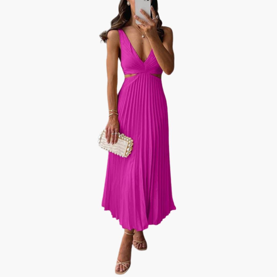 Women’s Midi Dress with Pleated Neckline and Structured Waist