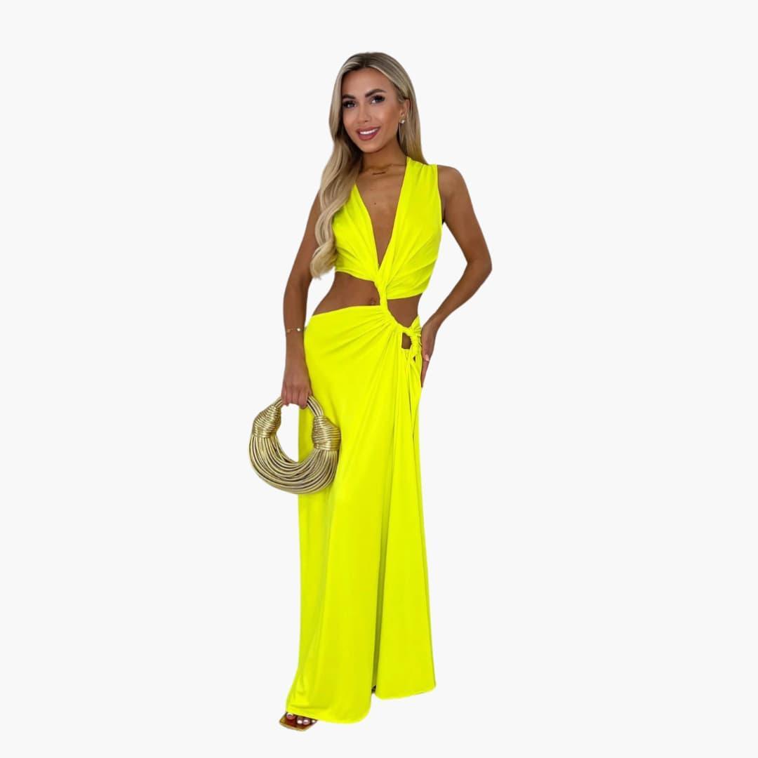 Women's High-Slit Maxi Dress with V-Neck and Cut-Out Detail
