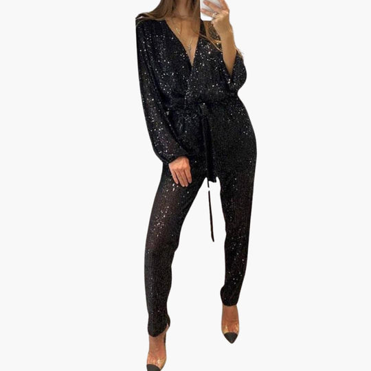 Women’s Sequin Jumpsuit with Long Sleeves and Tie Waist