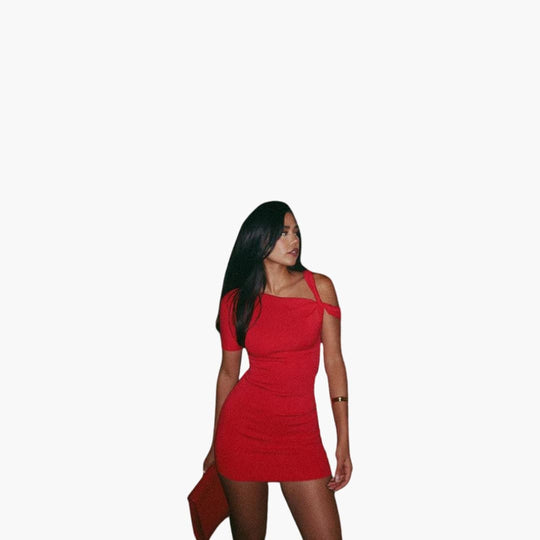 Women’s Mini Dress with Asymmetrical Neckline and Single Short Sleeve