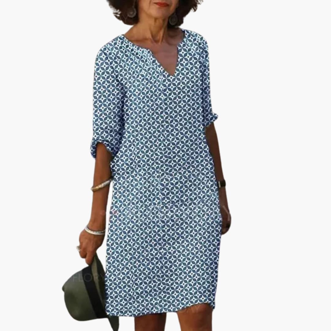 Women’s Short Dress with Notch V Neck and Rolled Sleeves