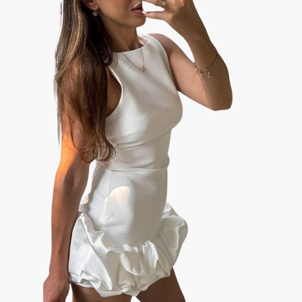 Women's Mini Dress with Ruffled Hem and Sleeveless Design