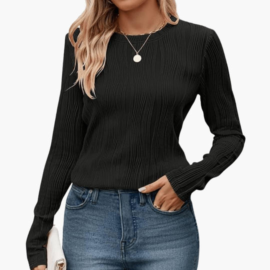 Women's Ribbed Long Sleeve Top with Round Neckline and Fitted Fit