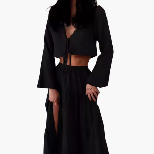 Women’s Two-Piece Set with Tie-Front Top and High-Slit Skirt