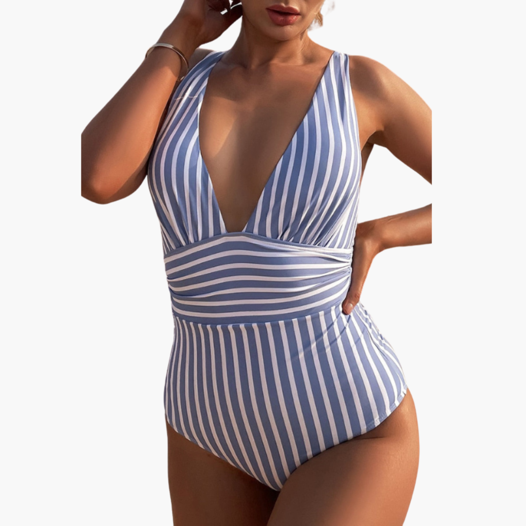 Women’s One - Piece Swimsuit with Striped Pattern and Integrated Shaping Panel