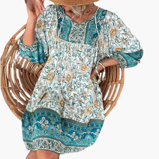 Women's Knee-Length Dress with V-Neck and Long Sleeves