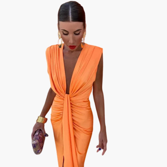 Women’s maxi dress with V-neckline and ruched waist