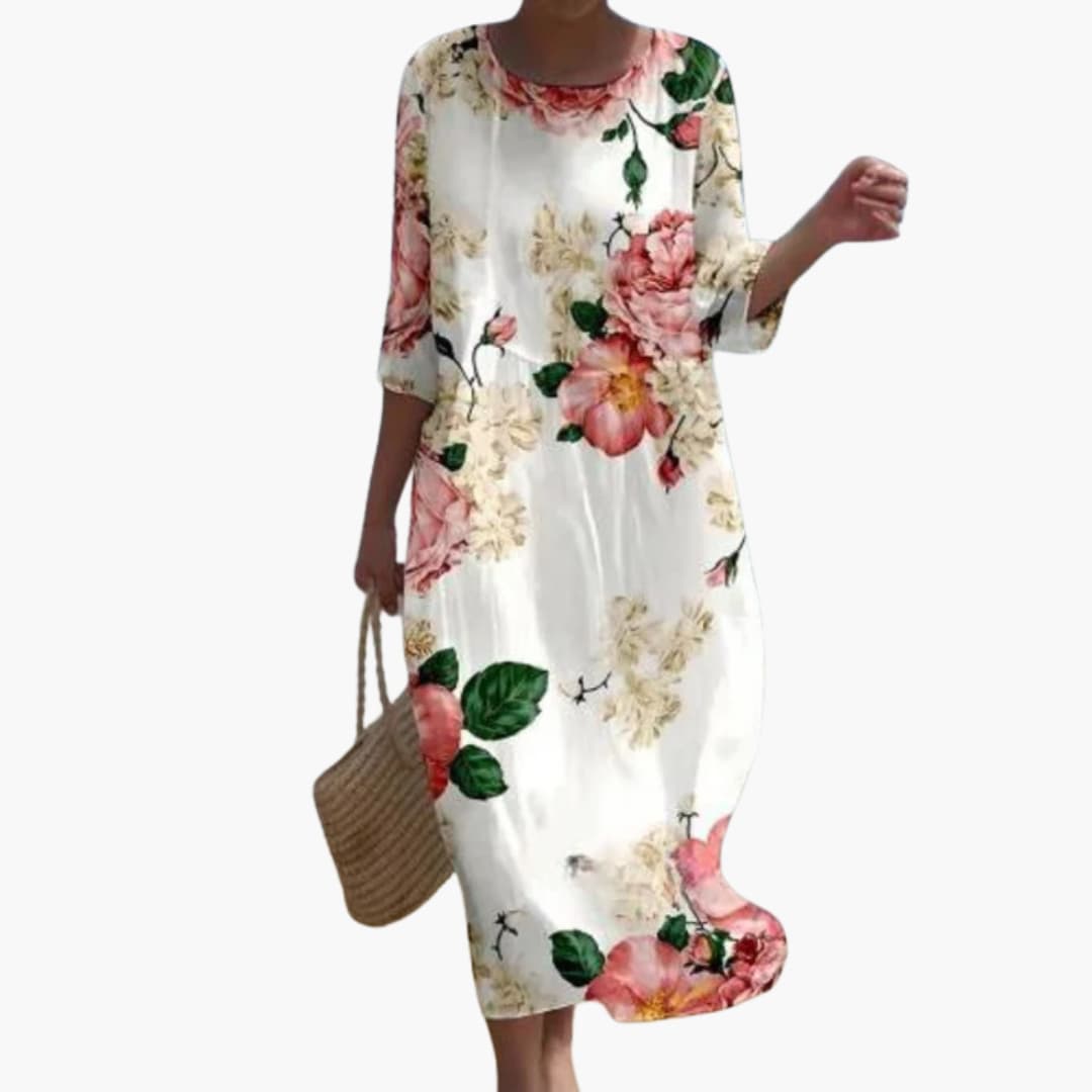 Women's Midi Dress with Round Neck and Three-Quarter Sleeves