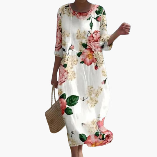 Women's Midi Dress with Round Neck and Three-Quarter Sleeves