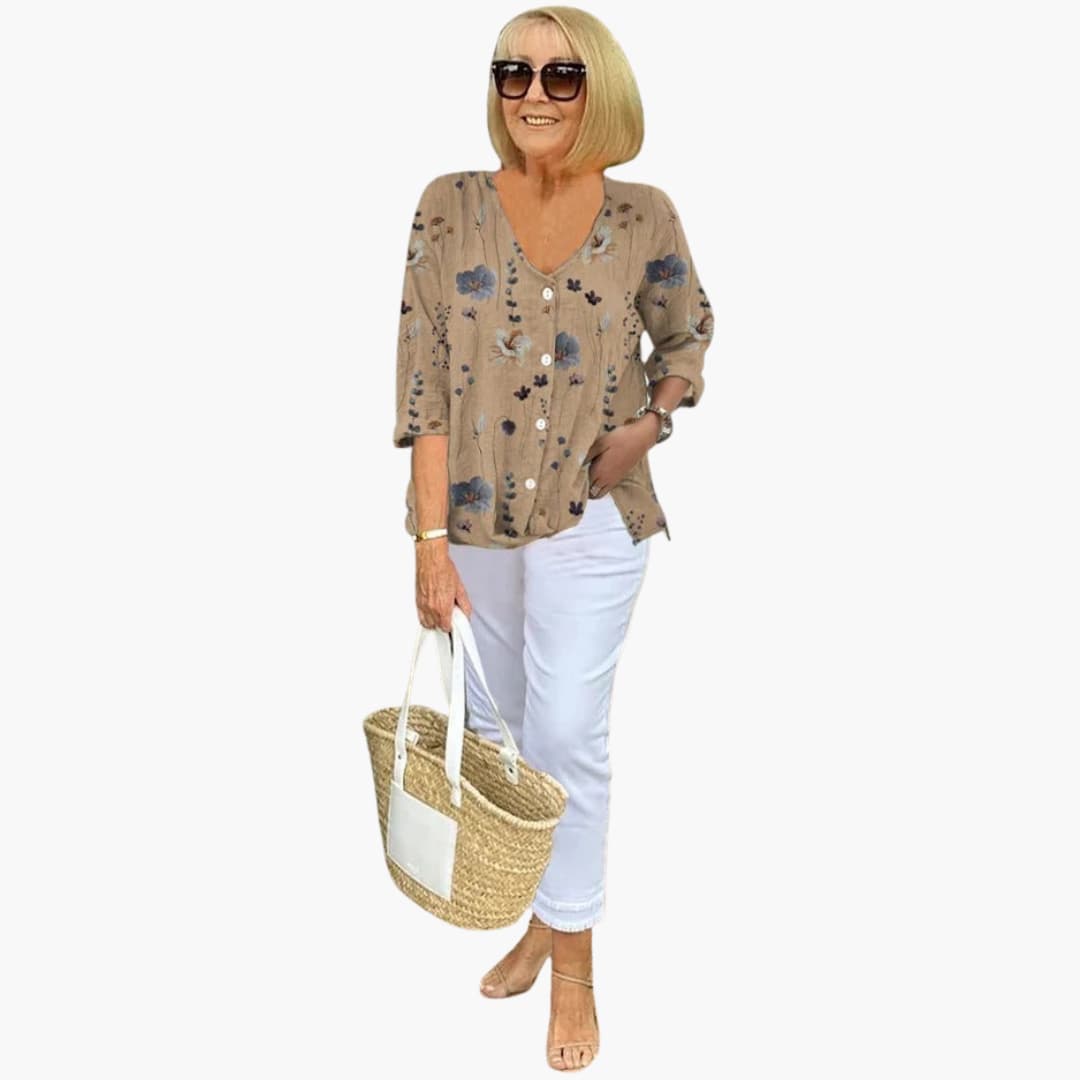 Women's Blouse with V-Neck and Three-Quarter Sleeves