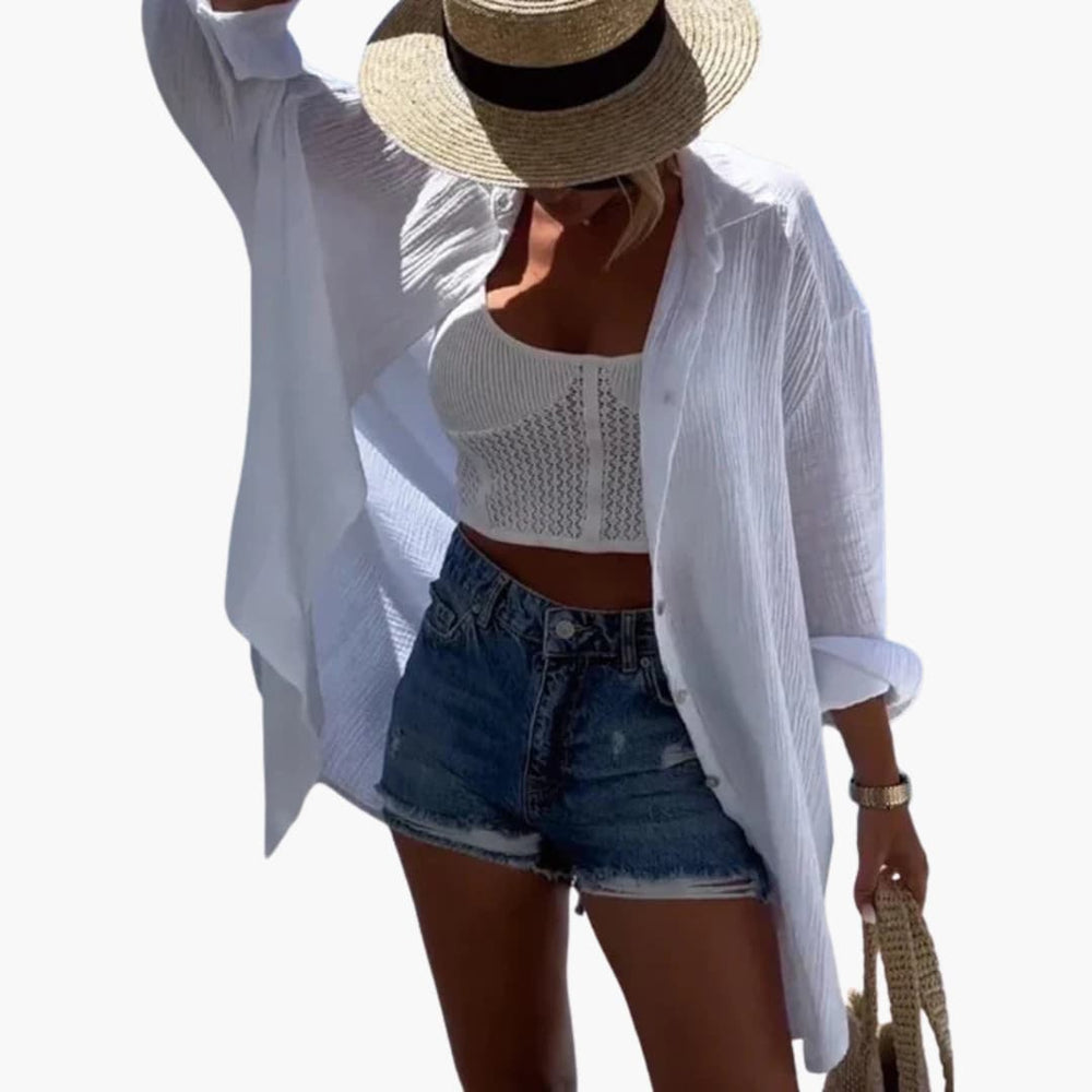 Women’s Oversized Beach Shirt with Collar and Embroidery