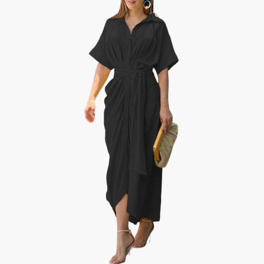 Women’s Midi Shirt Dress with Belt and Button-Front