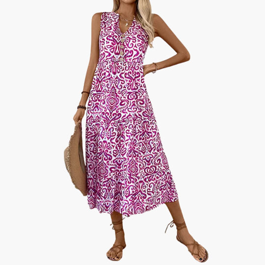 Women's Midi Dress with V-Neck and Abstract Floral Print