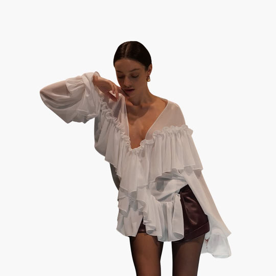 Women’s Long-Sleeve Blouse with V-Neck and Ruffles