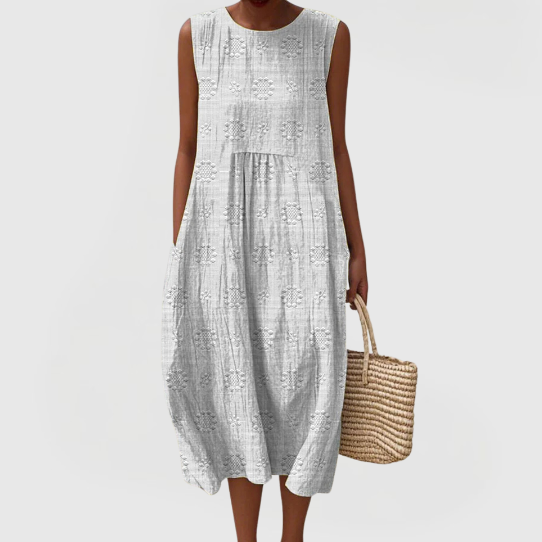 Women's Elegant Dress with Pockets and Floral Embroidery