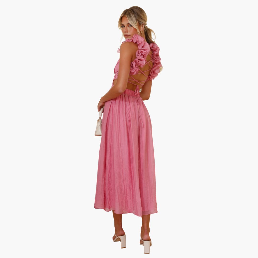 Women's Summer Dress with Ruffle Shoulders and Tie-Back