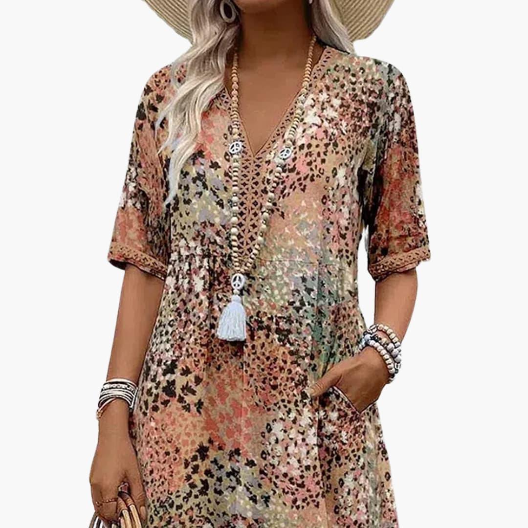 Women's Midi Dress with Short Sleeves and V-Neck in Floral Pattern