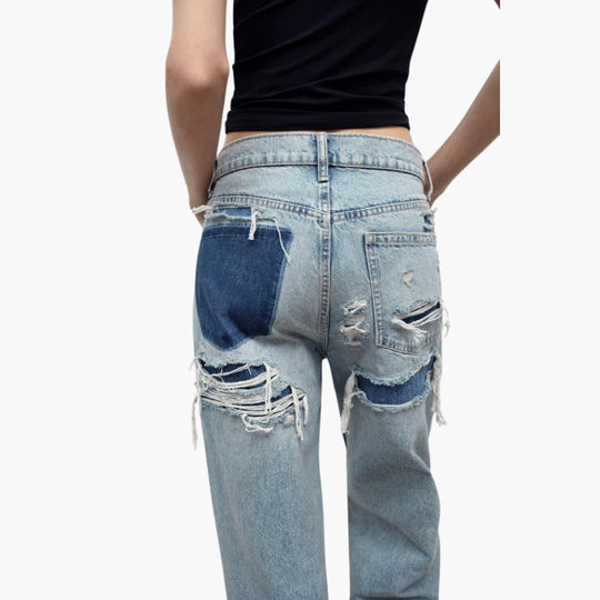 Women's Denim Jeans with Relaxed Fit and Distressed Details