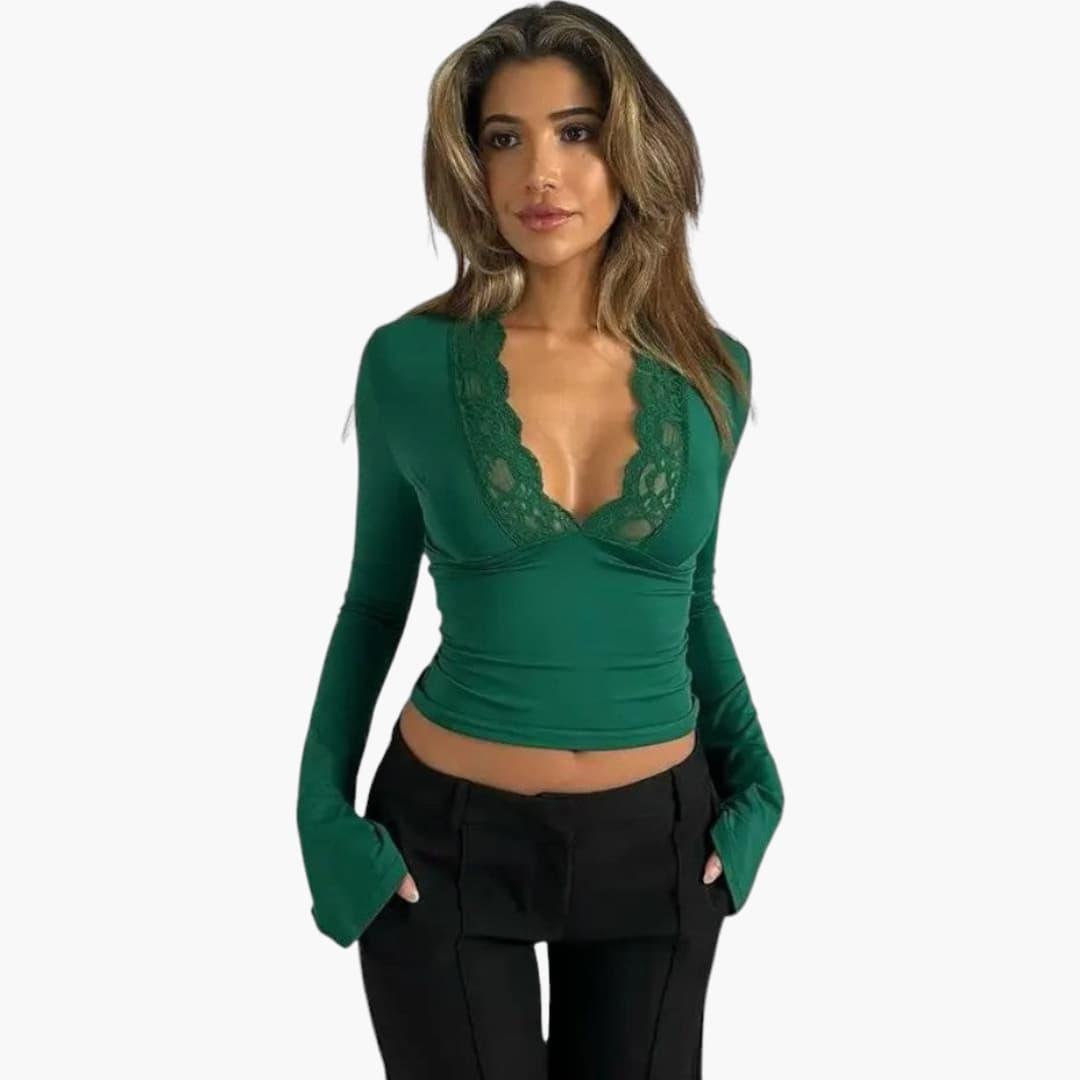 Women's Lace Flare Top with V-Neckline and Semi-Cropped Hem