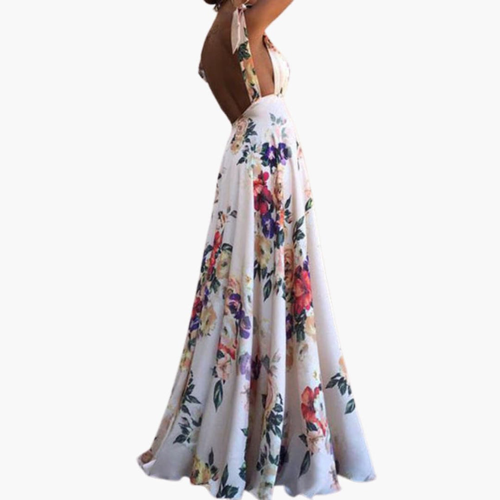 Women’s Sleeveless Floral Maxi Dress with Plunging Neckline and Open Back
