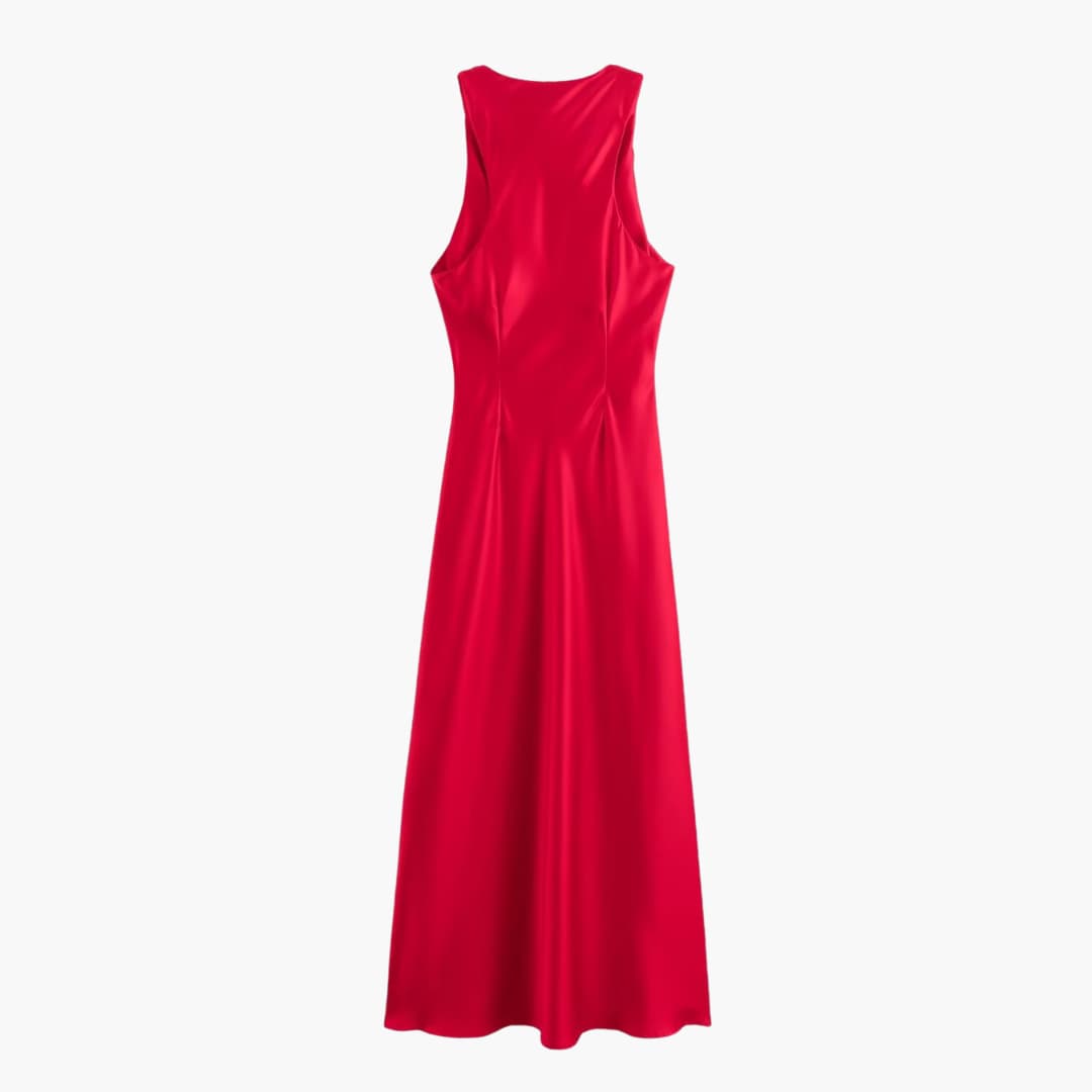 Women’s Satin Cowl Neck Midi Dress with Ruched Waist