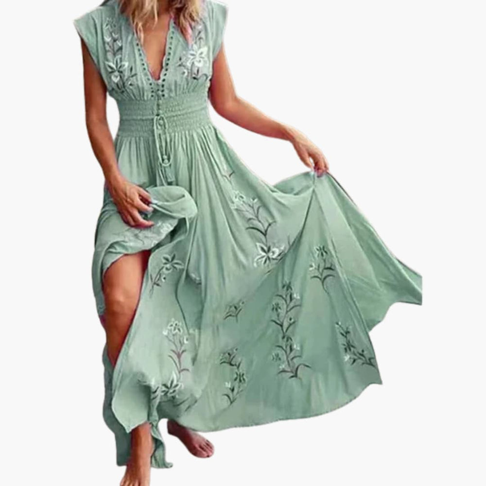Women’s Sleeveless Maxi Dress with Smocked Waist and Floral Embroidery