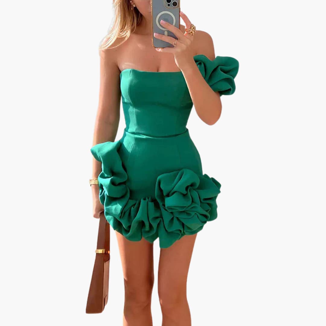 Women’s mini dress with one-shoulder design and ruffle hem