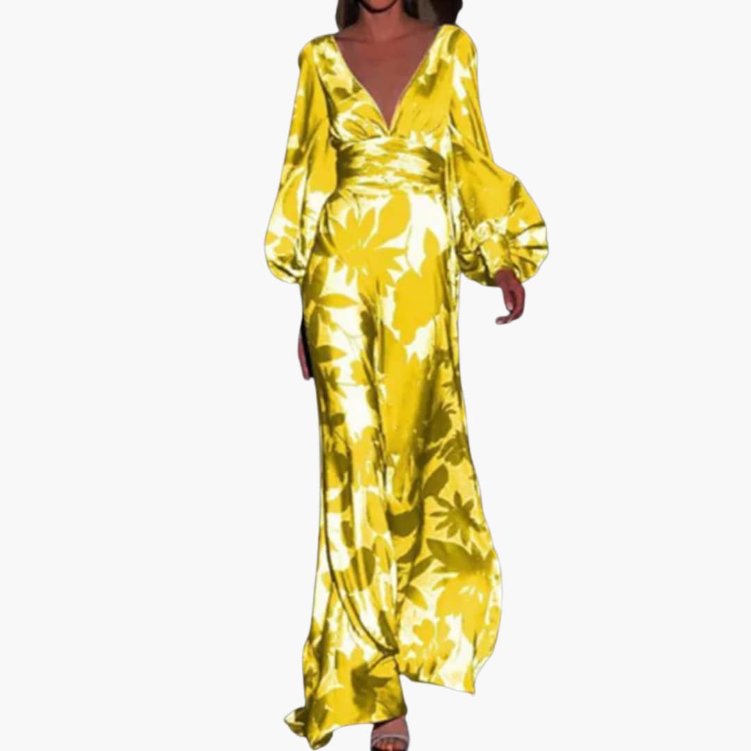 Women’s maxi dress with V-neckline and voluminous sleeves