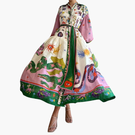 Women’s maxi shirt dress with button fastening and waist tie