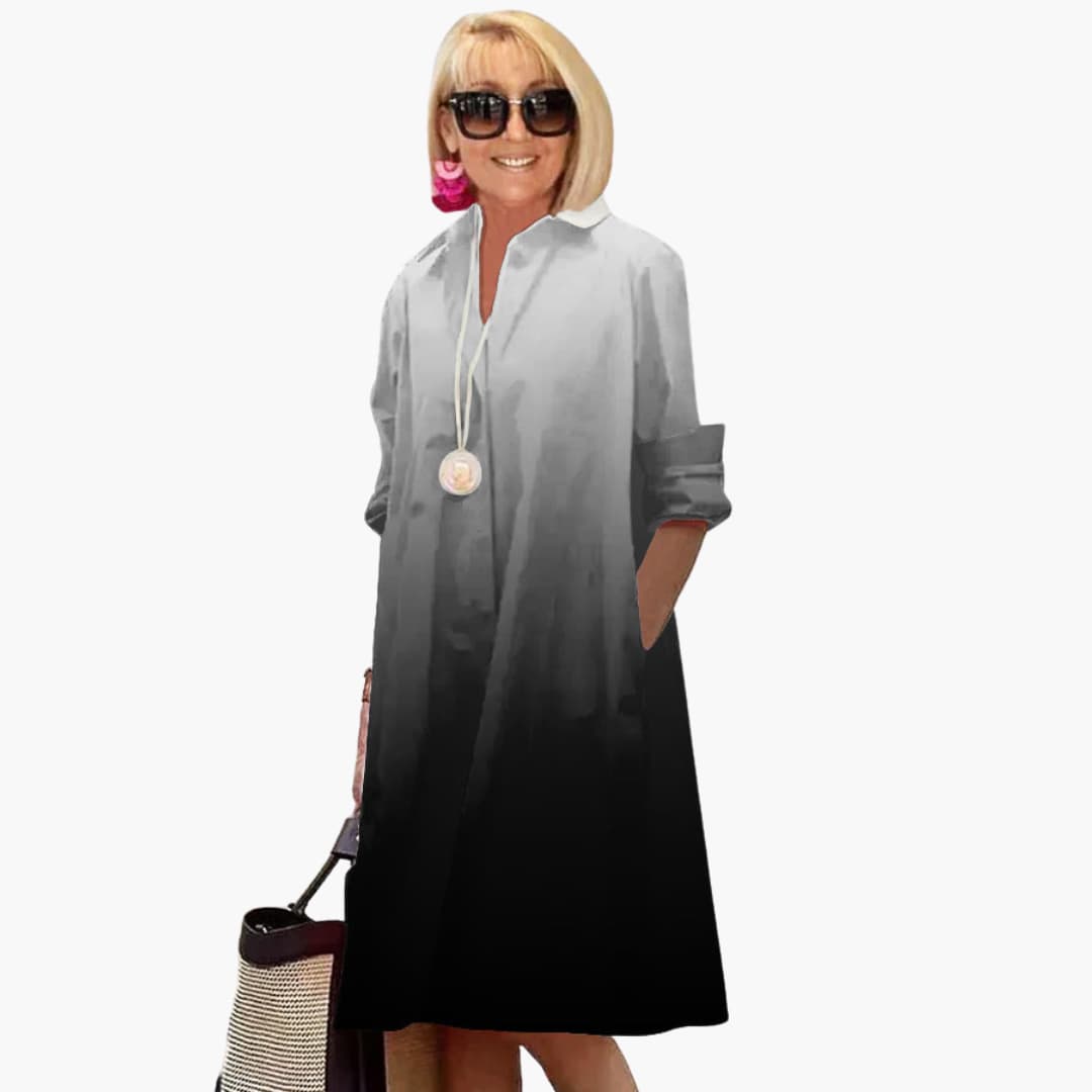 Women's Midi Dress with Collared V-Neck and Side Pockets