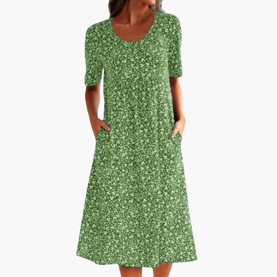 Women's Midi Dress with Round Neck and Side Pockets