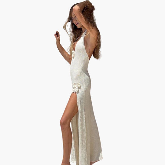Women’s Halter Maxi Dress with Backless Design and Side Slit