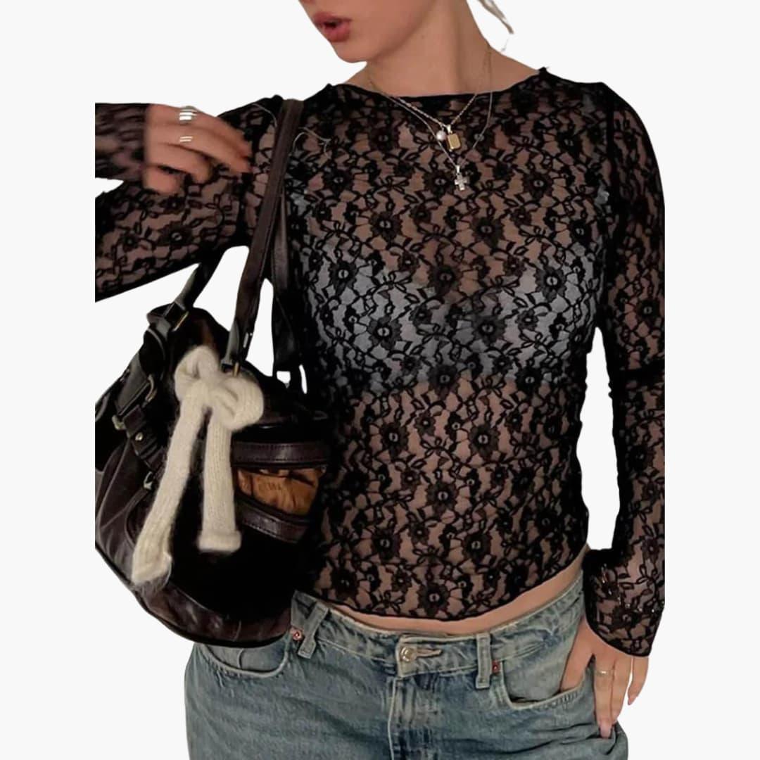 Women's Blouse with Sheer Lace Design and Long Sleeves