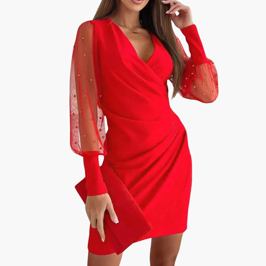 Women's Mini Wrap Dress with V-Neckline and Mesh Sleeves