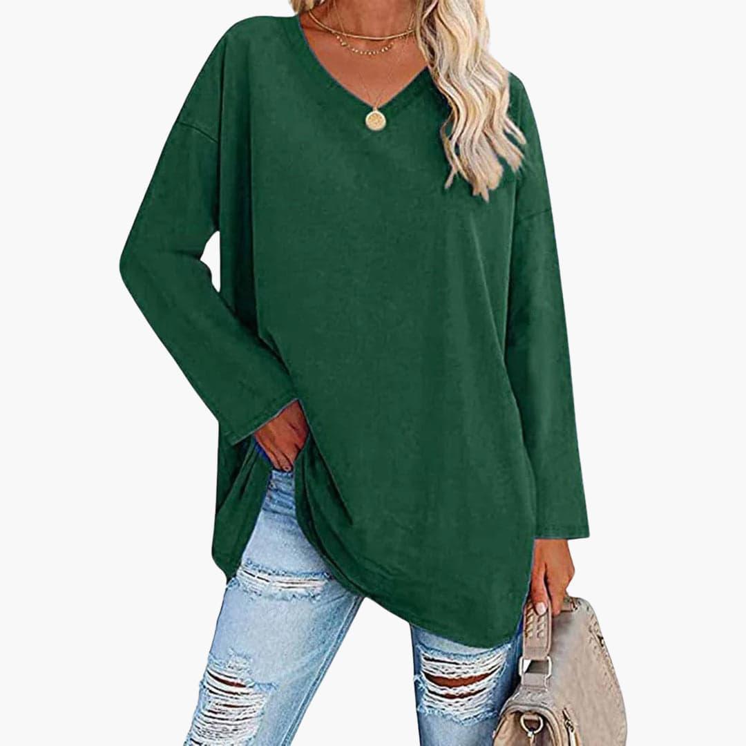 Women's V-Neck Blouse with Long Sleeves and Relaxed Fit