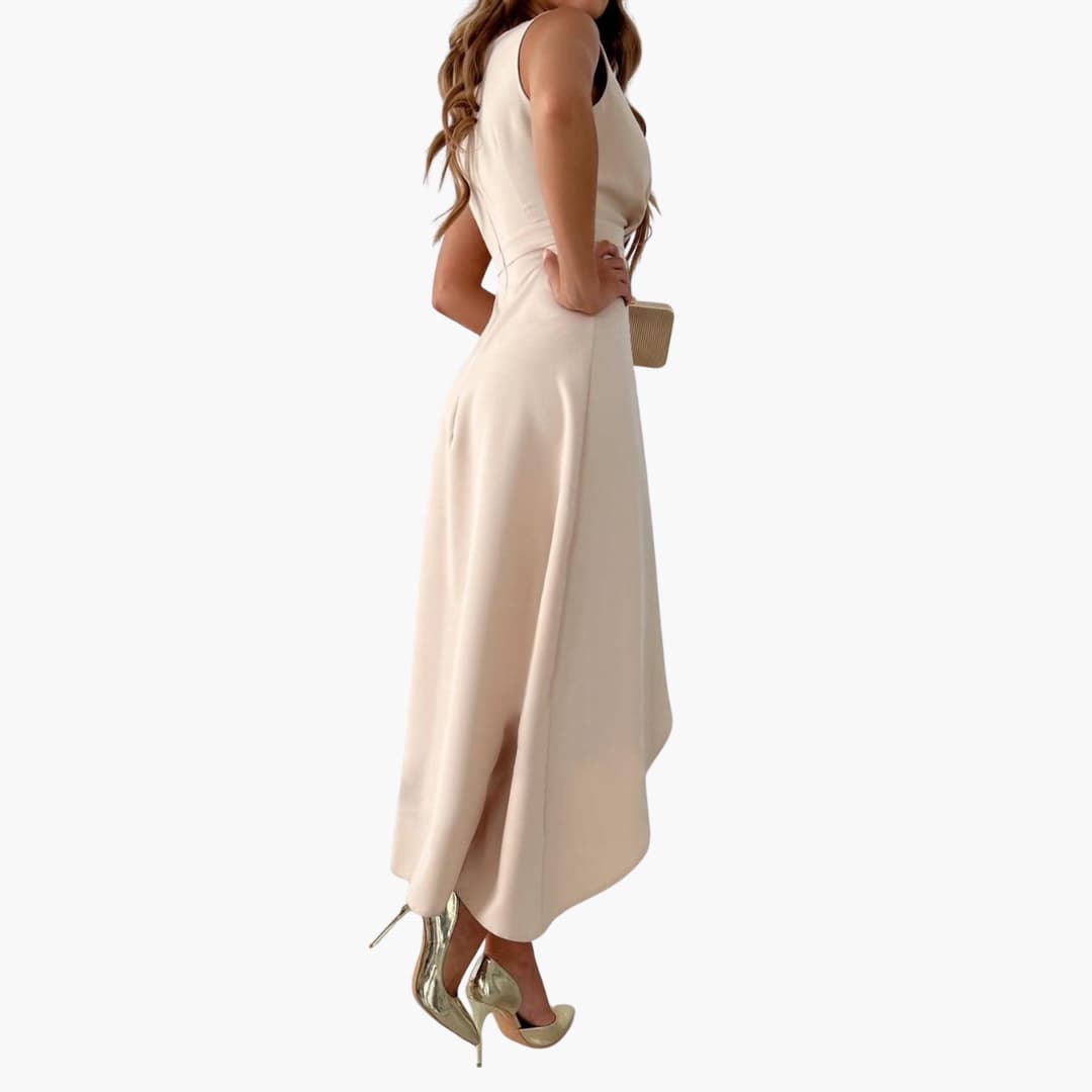 Women’s Sleeveless Midi Dress with V-Neck and High-Low Hem