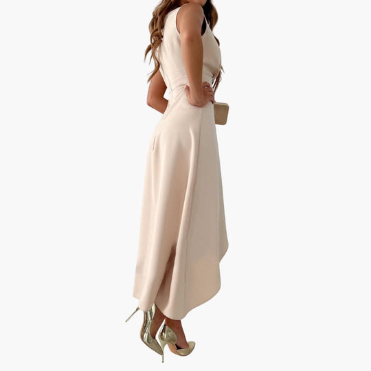 Women’s Sleeveless Midi Dress with V-Neck and High-Low Hem