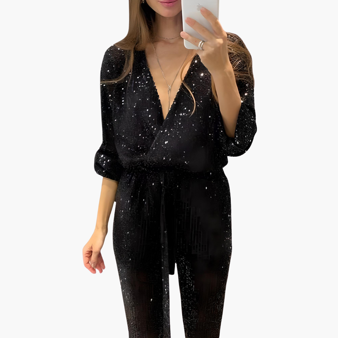 Women's Sequin Jumpsuit with Long Sleeves and V-Neckline