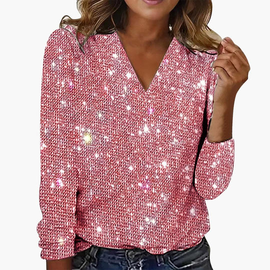Women’s Glitter Top with V-Neckline and Diamond-Inspired Accents