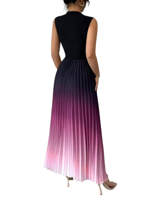 Women's Sleeveless Evening Dress with Pleated Skirt and Ombre Design