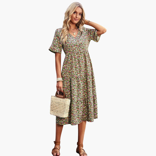 Women’s Midi Dress with V-Neckline and Floral Print