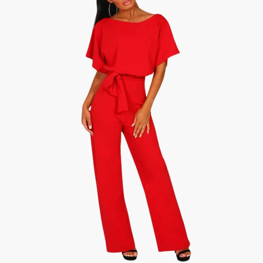 Women's Wide-Leg Jumpsuit with Belted Waist and Scoop Neckline