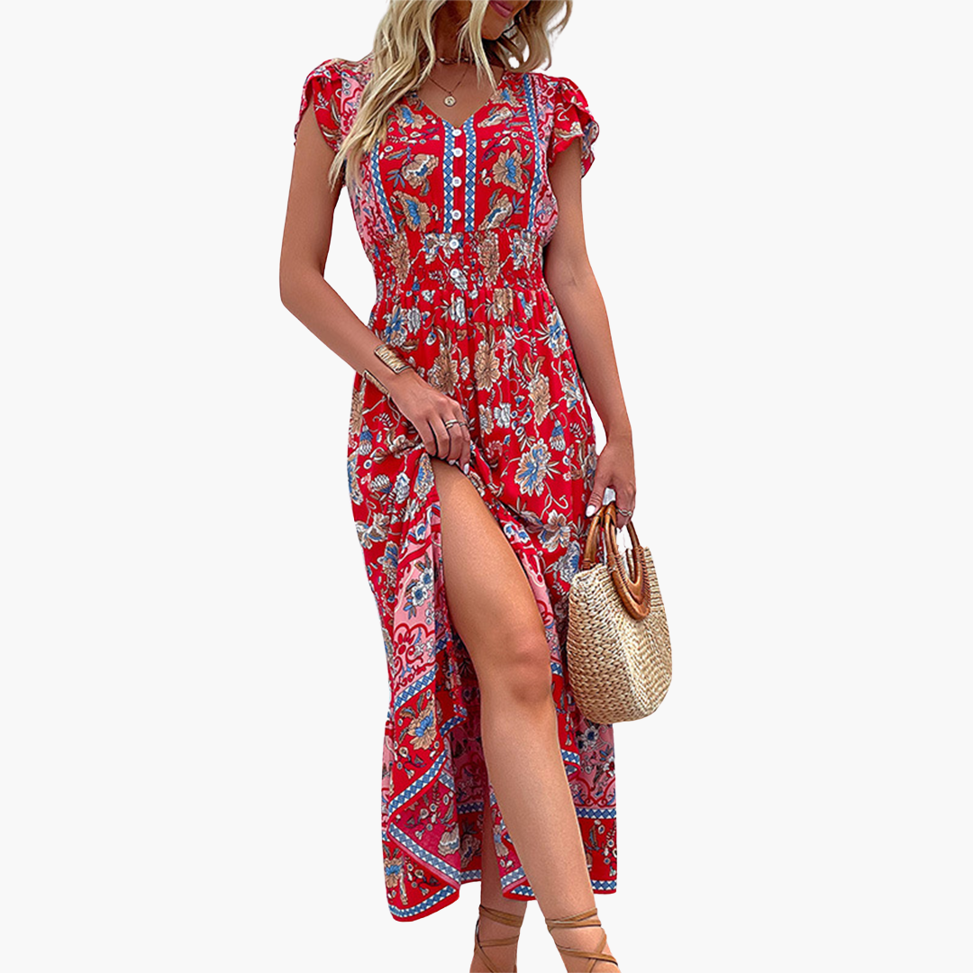 Women’s Midi Dress with V‑Neckline and Elastic Waist