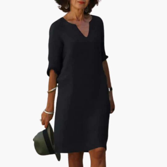 Women’s Shift Dress with Notch Neckline and Long Sleeves