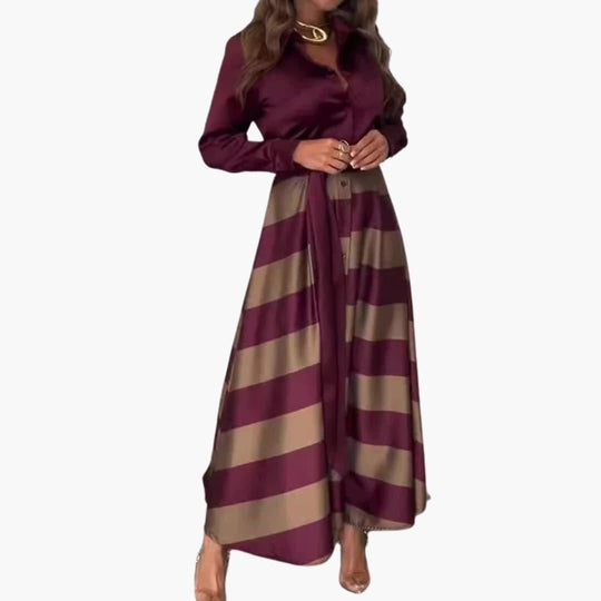 Women's Satin Maxi Dress with Long Sleeves and Waist Tie