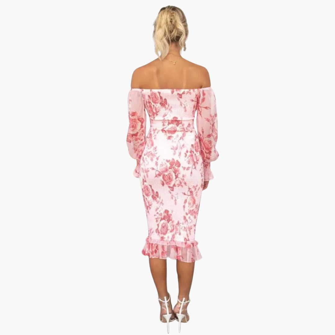 Women's Floral Midi Dress with Off-the-Shoulder Neckline and Sheer Sleeves