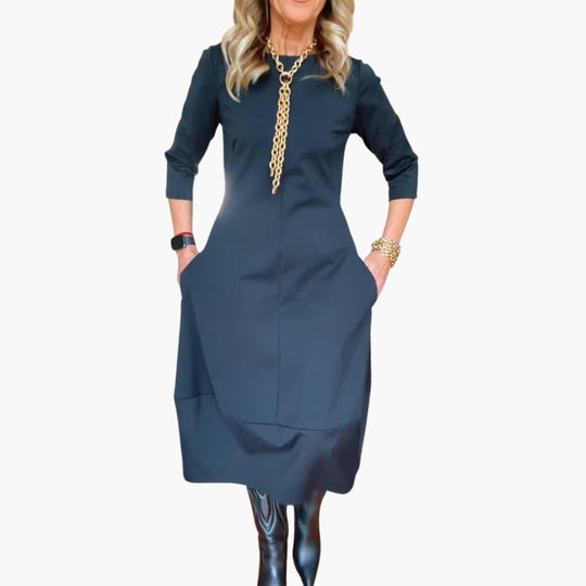 Women's Round Neck Dress with Long Sleeves and Side Pockets
