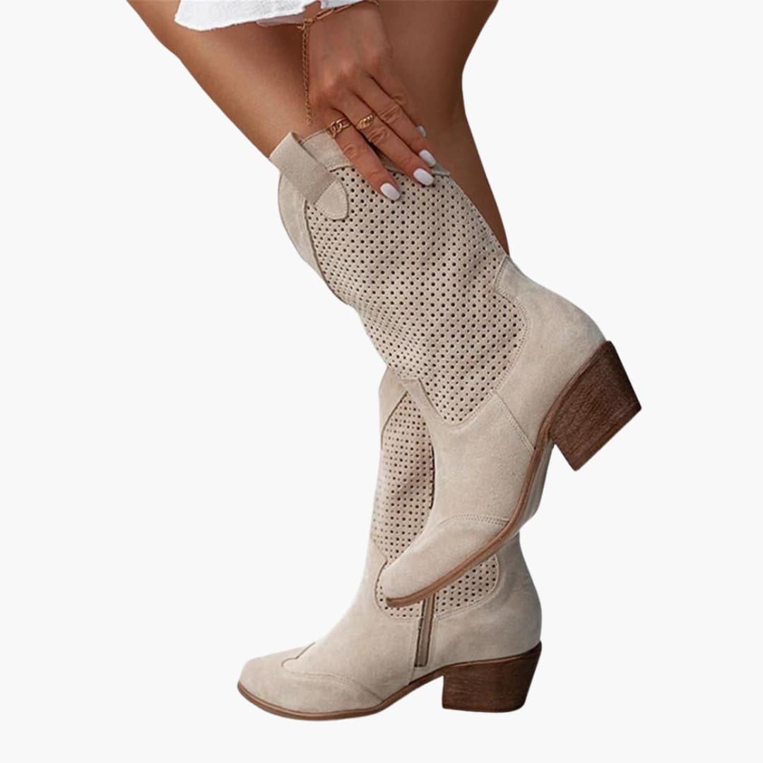 Women's Mid-Calf Boots with Perforated Upper and Low Block Heel