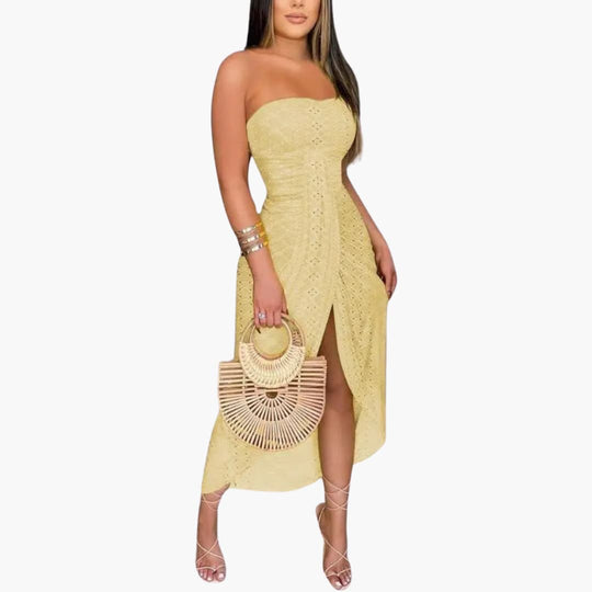 Women’s Strapless Midi Dress with Front Slit and Embroidery